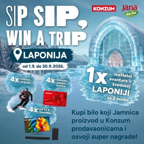 Nagradna igra Jamnica x Konzum „Sip sip, win a trip”, od 1. do 30. rujna 2026. Kupi bilo koji Jamnica proizvod u Konzumu i osvoji putovanje u švedsku Laponiju za dvoje ili druge nagrade.